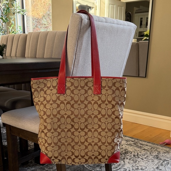 Vintage Coach Logo Canvas with Red Leather Tote Bag - Picture 2 of 12
